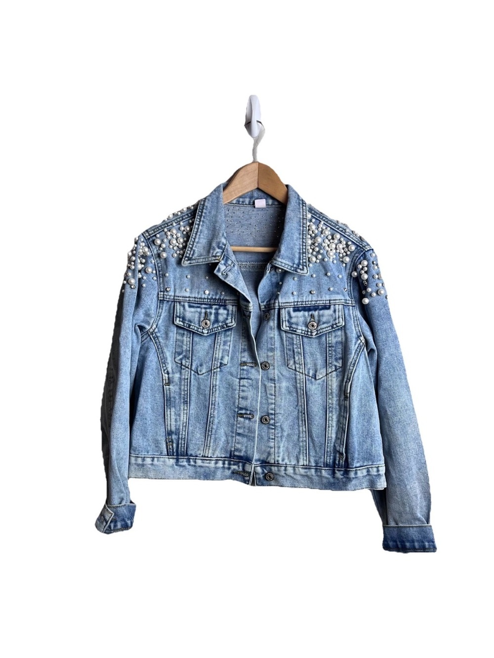 Blue Denim Jean Jacket Pearl Beaded Rhinestone Streetwear Medium M Womens
